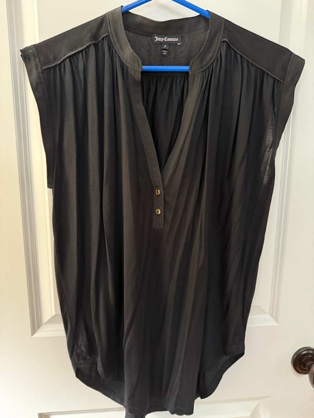 Juicy Couture Black Cap Sleeve V-Neck Silk Blouse with Button Placket